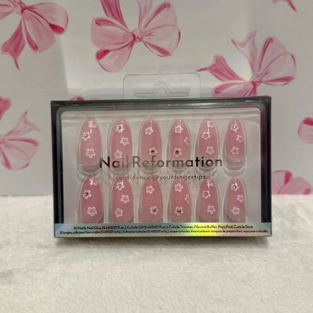 Nail Reformation Pink‎ Floral False Nails Almond Shape Full Cover Press On Nails
